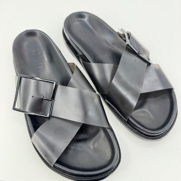 Schutz Sandals Leather Cross Straps Flip Flop Women's Size 8.5 Black - Picture 1 of 7
